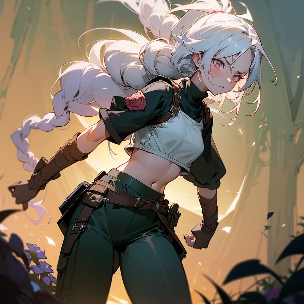 1female, sexy, , finely detailed rose eyes, wild long hair, braided hair, white color hair, adventurer gear, crop top sweater, baggy combat pants, night time, dark forest, somber expression, angry, flowers, standing on path, lanturns, black armband