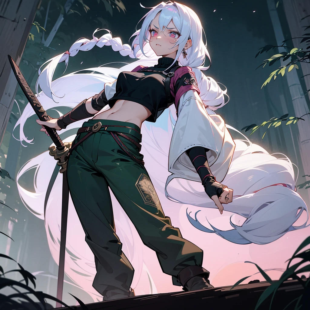 1female, sexy, young teen, finely detailed rose eyes, wild long hair, braided hair, white color hair, adventurer gear, crop top sweater, baggy combat pants, night time, dark forest, somber expression, angry, flowers, standing on path, lanturns, black armband