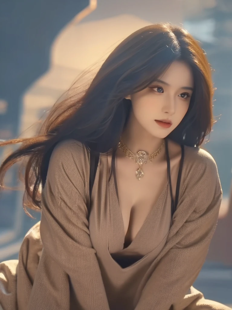 a gorgeous woman, beautiful detailed eyes, beautiful detailed lips, extremely detailed face and skin, long flowing silky hair, curvaceous figure, beautiful mid 20's woman, detailed fashion in dress, elegant pose, intricate jewelry, high quality lighting, photorealistic, cinematic lighting, dramatic colors, warm color palette, detailed background, fantasy art style