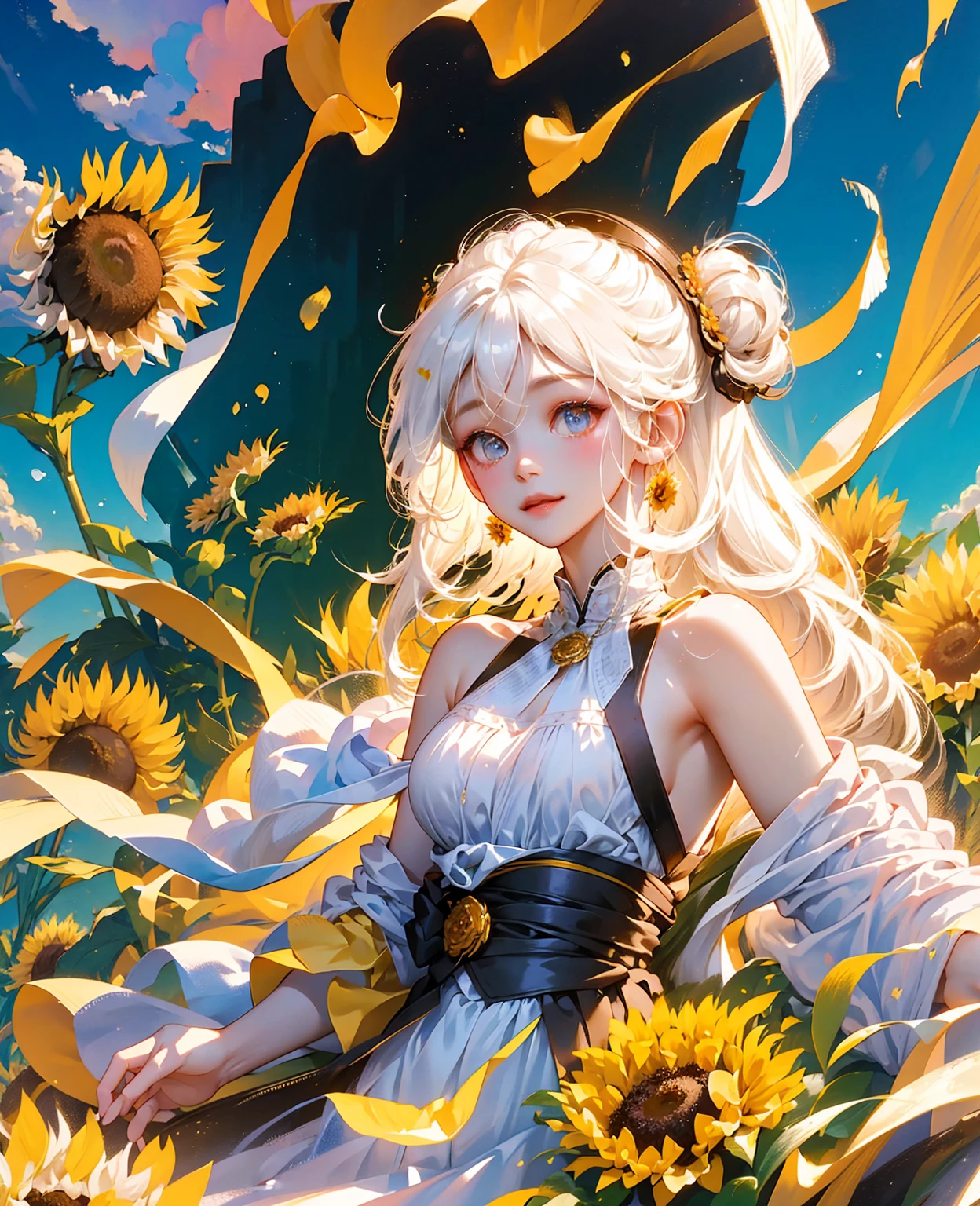 tmasterpiece， （Oil painting texture），one-girl，White hair，Sunflowers are worn on the head， floating in sky，White slip dress， full bodyesbian，Cloud Girl， Clouds， brightly， cheerfulness， intriguing， gentlesoftlighting，