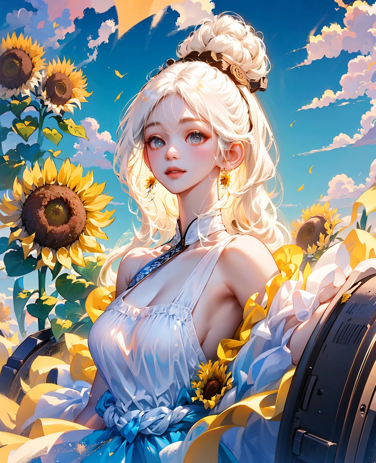 tmasterpiece， （Oil painting texture），one-girl，White hair，Sunflowers are worn on the head， floating in sky，White slip dress， full bodyesbian，Cloud Girl， Clouds， brightly， cheerfulness， intriguing， gentlesoftlighting，