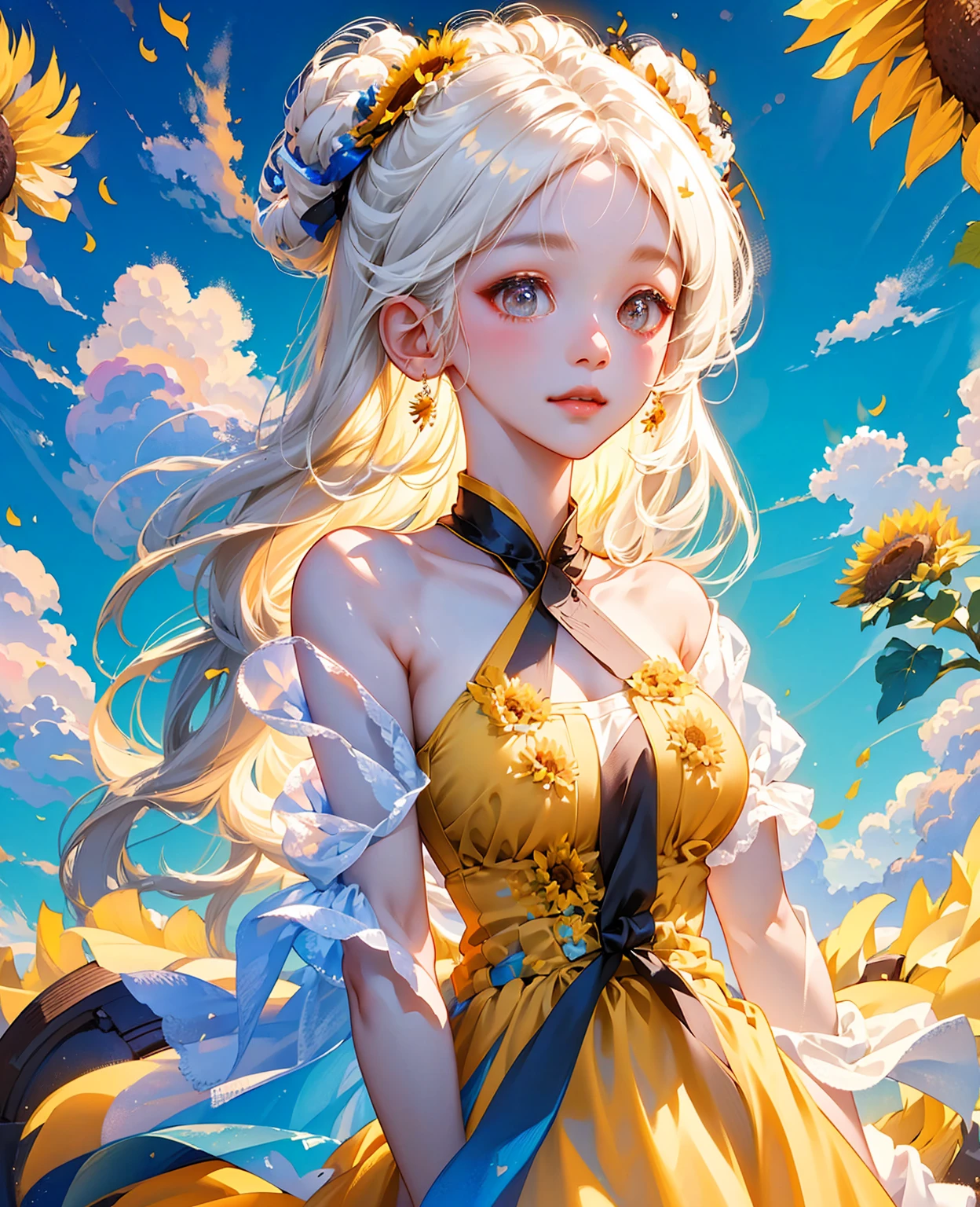 tmasterpiece， （Oil painting texture），one-girl，White hair，Sunflowers are worn on the head， floating in sky，White slip dress， full bodyesbian，Cloud Girl， Clouds， brightly， cheerfulness， intriguing， gentlesoftlighting，