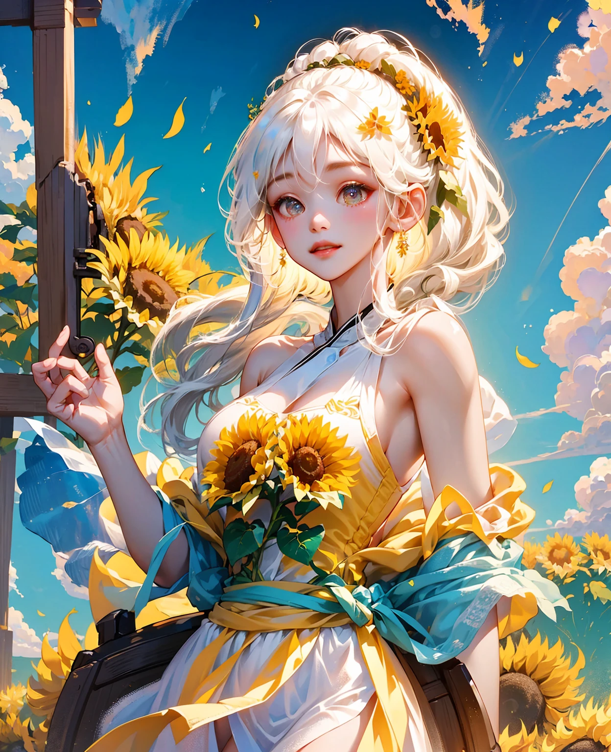 tmasterpiece， （Oil painting texture），one-girl，White hair，Sunflowers are worn on the head， floating in sky，White slip dress， full bodyesbian，Cloud Girl， Clouds， brightly， cheerfulness， intriguing， gentlesoftlighting，