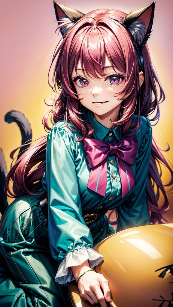 Magenta hair, brown eyes, older woman, hair bows, cat ears, long hair, smiling face, teal and gold outfit, pretty background