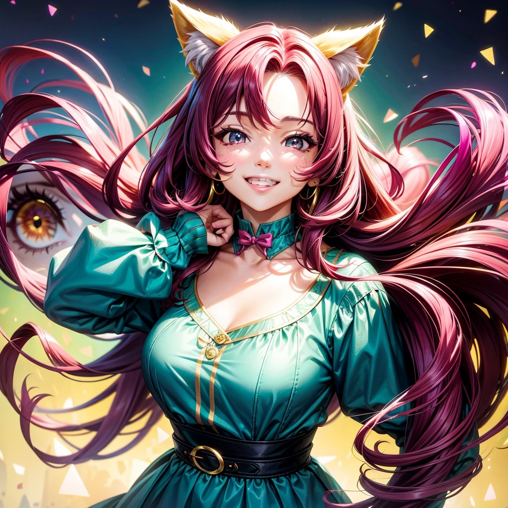 Magenta hair, brown eyes, older woman, hair bows, cat ears, long hair, smiling face, teal and gold outfit, pretty background