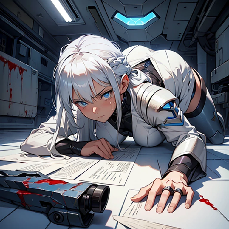 Girl with white hair-blue eyes lying on the floor of a futuristic military base looking at the ceiling above with blood in her eyes tears regretful sadness bleeding dagger in her neck , mecha armor, the spoon is wrapped in paper, I point. Die, long hair look of sadness