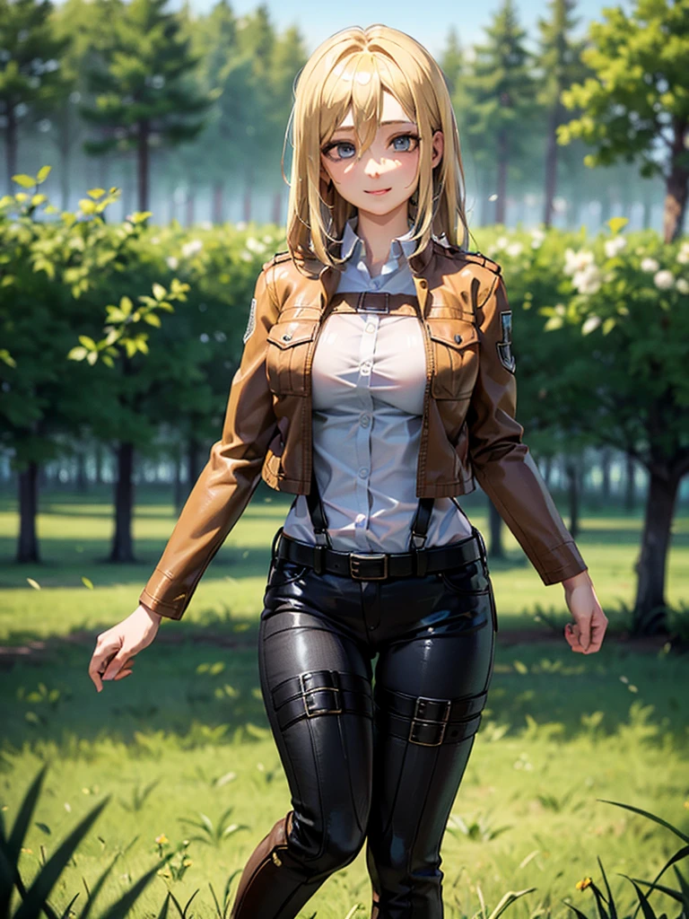 upper body, portrait, (masterpiece), best quality, expressive eyes, perfect face, highres, (8k), (perfect face), (ultra details), pikkyhistoria, 1girl, solo, looking at viewer, blonde hair, hair between eyes, short hair, long hair, blue eyes, jacket, paradis military uniform, pants, shirt, brown jacket, belt, white pants, long sleeves, emblem, open jacket, collared shirt, open clothes, thigh strap, boots, white shirt, standing, field, grass, trees, smile, exposed breasts