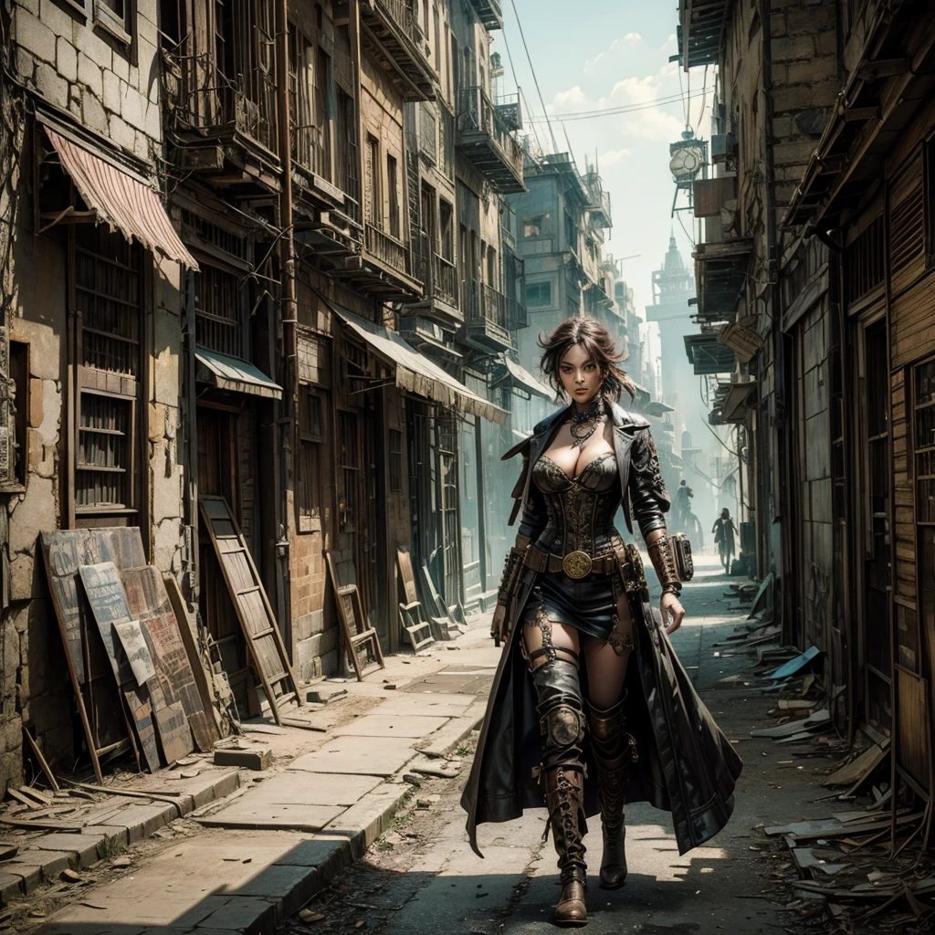 a steampunk woman walks through an abandoned city populated by surreal figures, hyper-realistic, cinematic, 8k, ultra-detailed, masterpiece, intricate-details