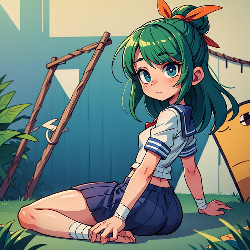 Young woman, a sailor, beautiful, full length, beautiful green hair, bandage on 1 eye, an outfit in the style of Poliwag