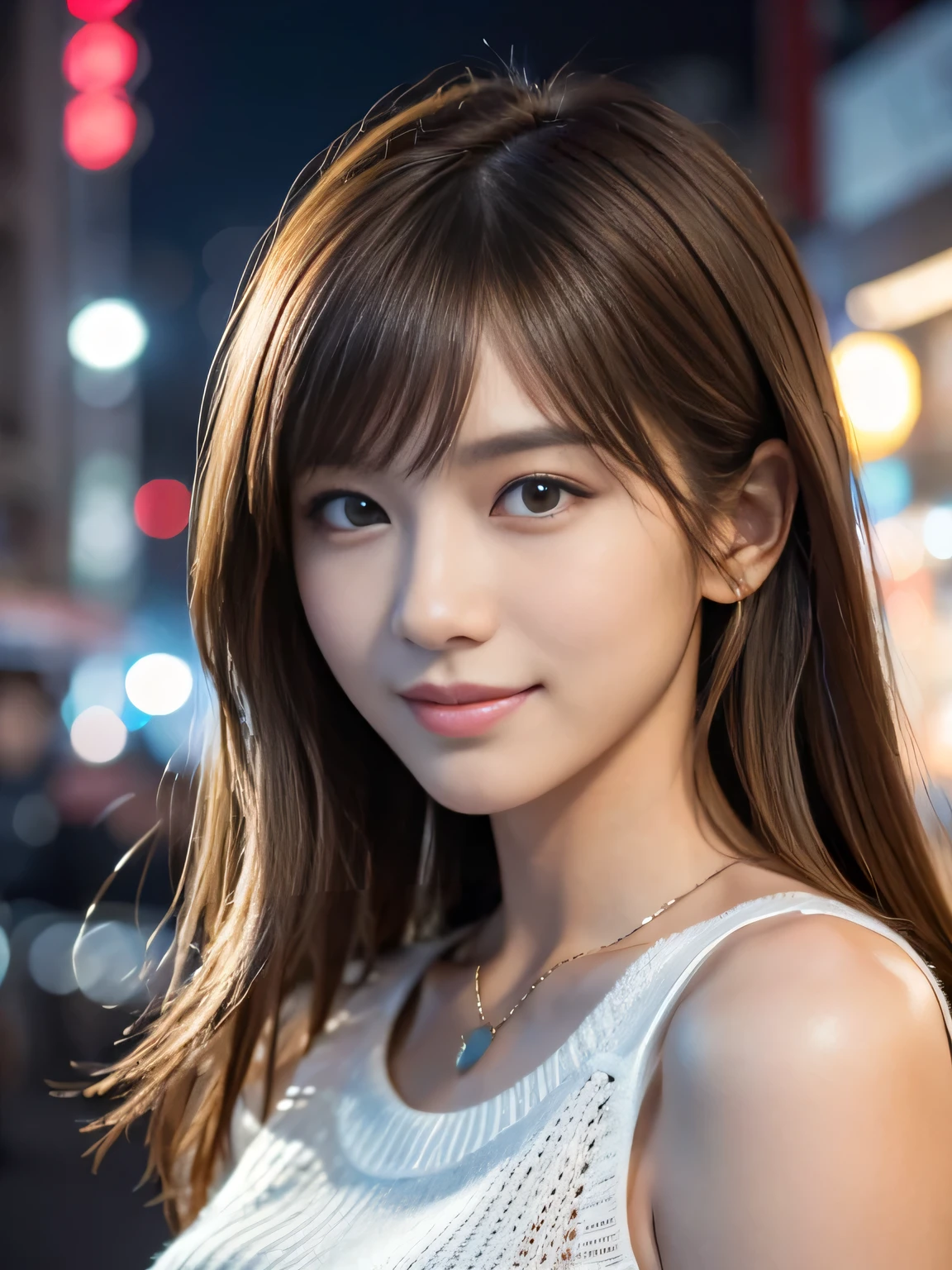 masterpiece, best quality, ultra-detailed, intricately detailed hyperdetailed, realistic, sharp features, highly detailed, sharp focus, Realistic, Photorealistic:1.3, perfect face, perfect symmetrically eyes, perfect full lips, hyper detailed, hyper realistic, high resolution, Fashion Model, Attractive Japanese Idols, (19 years old:1.3), Slender, Stylish, model poses, Beautiful Face, light brown hair, messy hair, asymmetrical bangs, (seductive smile:1.2), (looking at viewer), cinematic lighting, downtown at night, White knit