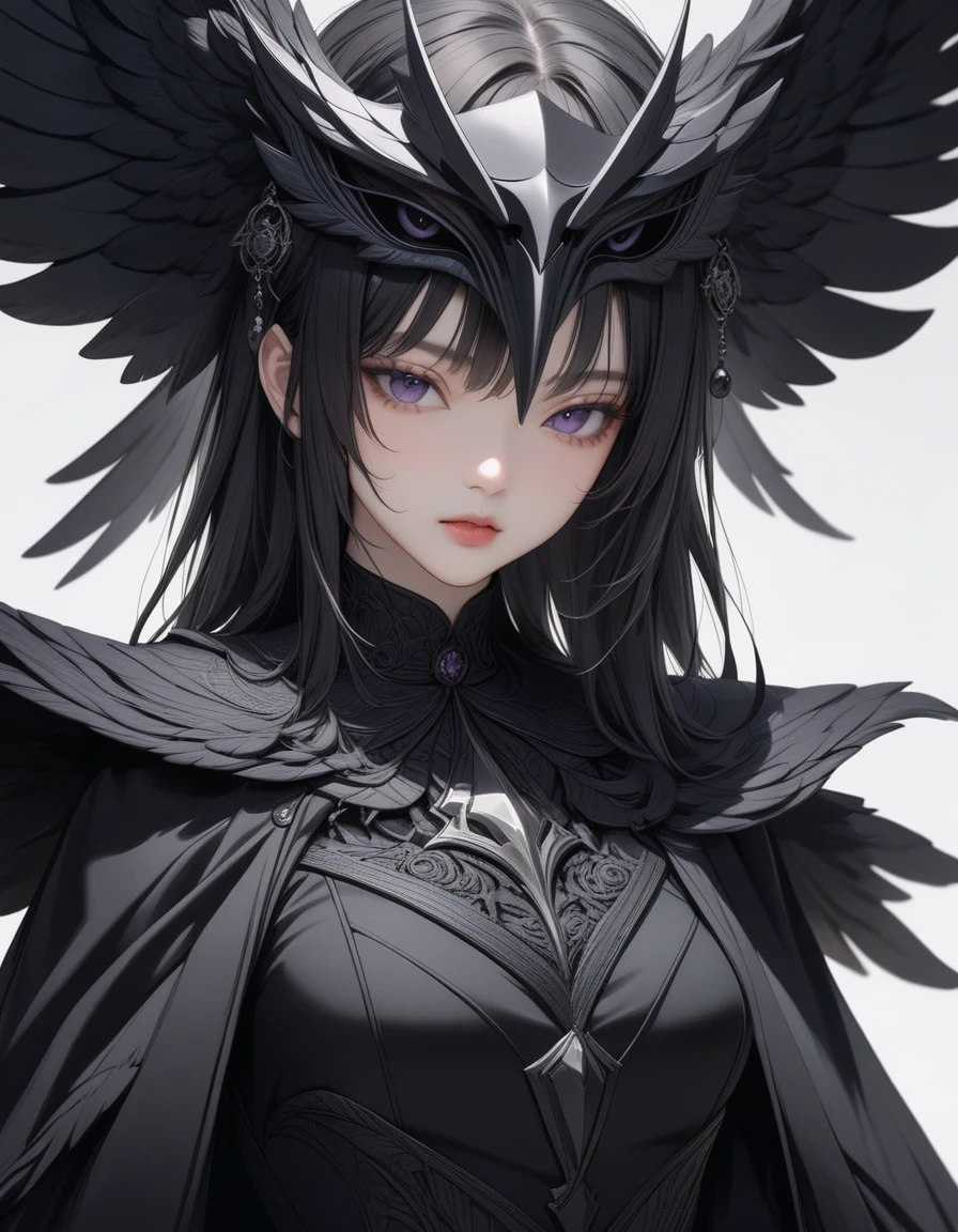 1girl, black choker, black costume, purple and gray details, raven details, long nails, raven mask, simple background, solo, white background, looking at the viewer, (masterpiece), (best quality), (ultra-detailed) ), very aesthetic, illustration, perfect composition, intricate details, mysterious, fantasy,