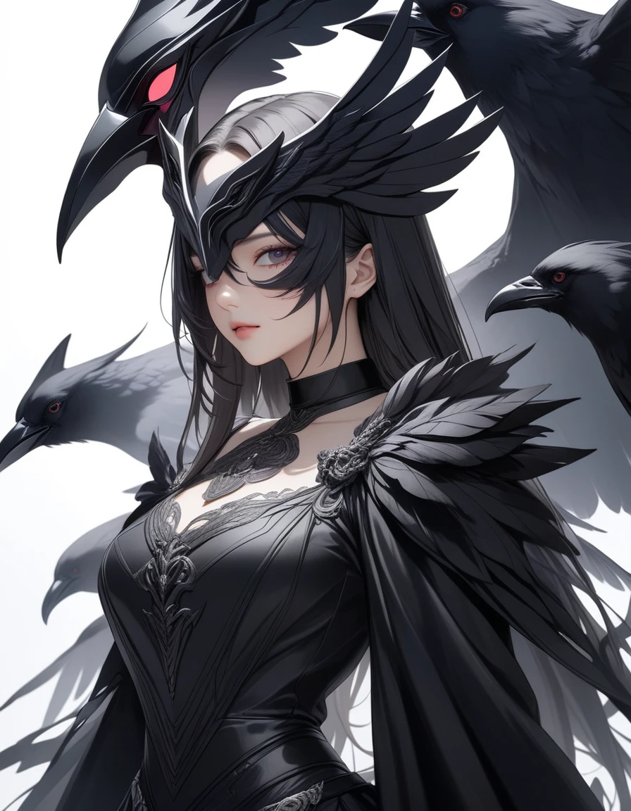 1girl, black choker, black costume, purple and gray details, raven details, long nails, raven mask, simple background, solo, white background, looking at the viewer, (masterpiece), (best quality), (ultra-detailed) ), very aesthetic, illustration, perfect composition, intricate details, mysterious, fantasy,