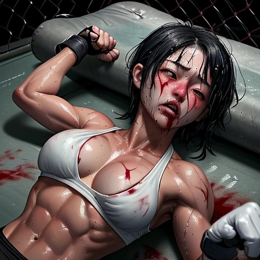 a bloody beautiful young Japanese female fighter is beated down in the fighting ring. Blood is dripping from her nose. She is covered in scars and bruises. she is lying down. she is damaged terribry. she was defeated. she lost the fight. she was knocked out. Short-cut black hair, out of breath, drooling from mouth, crying, exhausted, drenched in sweat. Muscularity. Six-pack abs. Erect nipples. sports-bra, bikini panty, open finger glove.