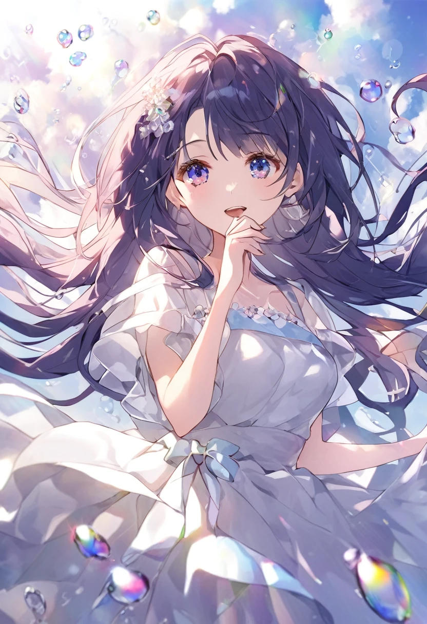 Beautiful girl singing in a flowy white dress bubbles falling around her Nozomi tojo