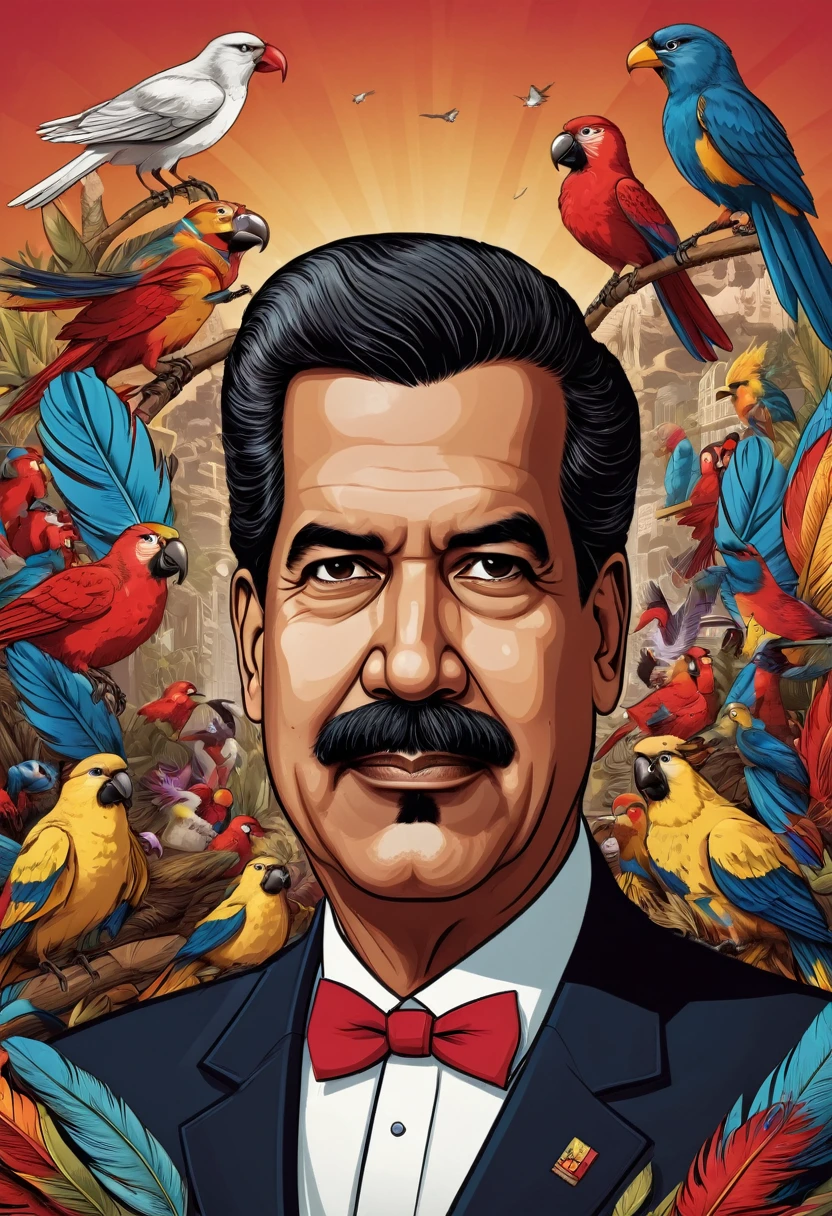 "Caricature of Nicolás Maduro with large ears and a long, thin beak, similar to that of a bird. Maduro has a confused and somewhat comical expression, while his exaggerated ears stick out noticeably from his head. The background shows a surreal environment, with humorous details such as feathers scattered around and small birds looking at him curiously. The style of the image is colorful and vibrant, with a focus on exaggerated features to highlight the humorous and satirical tone."