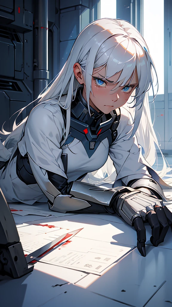 Girl with white hair-blue eyes lying on the floor of a futuristic military base looking at the ceiling above with blood in her eyes tears regretful sadness bleeding dagger in her neck , mecha armor, the spoon is wrapped in paper, I point. Die, long hair look of sadness