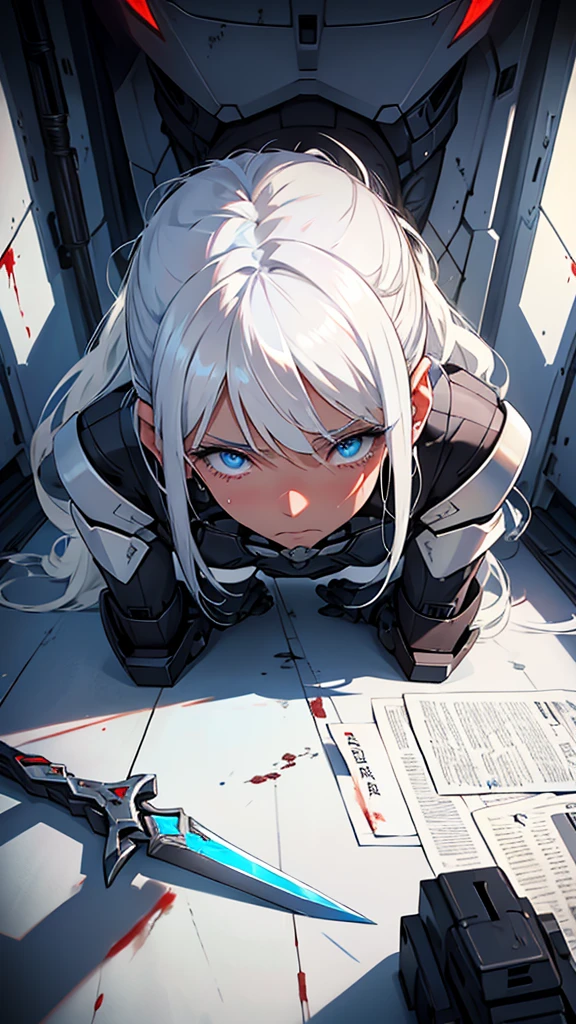 Girl with white hair-blue eyes lying on the floor of a futuristic military base looking at the ceiling above with blood in her eyes tears regretful sadness bleeding dagger in her neck , mecha armor, the spoon is wrapped in paper, I point. Die, long hair look of sadness