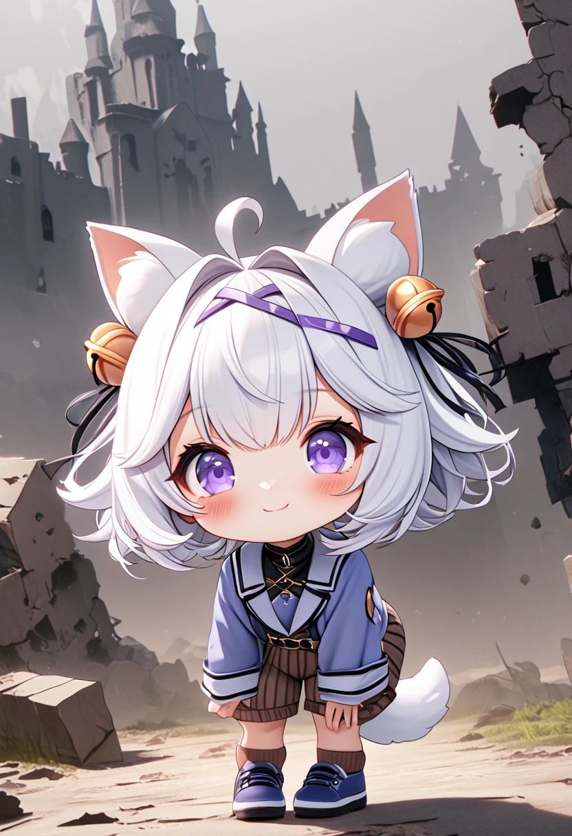 master piece, best quality, ultra-detailed, illustration, 1girl, solo, chibi, (big head), cute pose, front view, looking at viewer, ((full body Close up)), Filiansailor, (purple hairclip:1.4), (hair bell:1.5), white hair, short hair, cat ears, ahoge, purple eyes, blush, smiling, fluffy tail, ((blue peacoat)), long sleeves, brown ed shorts, brown knee socks, blue shoes, battlefield background, gloomy atmosphere, broken castle, broken walls, broken windows