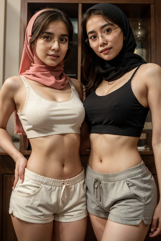 (iu:0.8)., RAW, Best quality, high resolution, Masterpiece: 1.3, two Beautiful glasses hijabi java girls wearing croptop and boyshort, Masterpiece, Soft smile