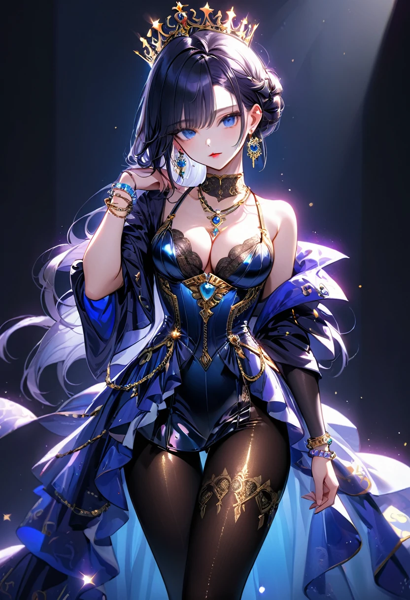 ung beautiful woman,(Highest quality,Extremely detailed depiction,Incredibly absurd high resolution,Anatomically accurate depiction,Curvy Legs),(Glowing Skin,Shiny skin),(A princess with a noble air),(Expensive sparkly dress,Boots with intricate relief,Metal embroidery,Transparent gemstones and precious metals decoration,Black Pantyhose),(Blue Eyes,Detailed pupil,Half-closed eyes:1.3,Shadowed face,lipstick,There is cleavage in the chest,Cool look),eyelash,Luxury accessories,Earrings,necklace,Bracelet,Standing posture,background:Empire