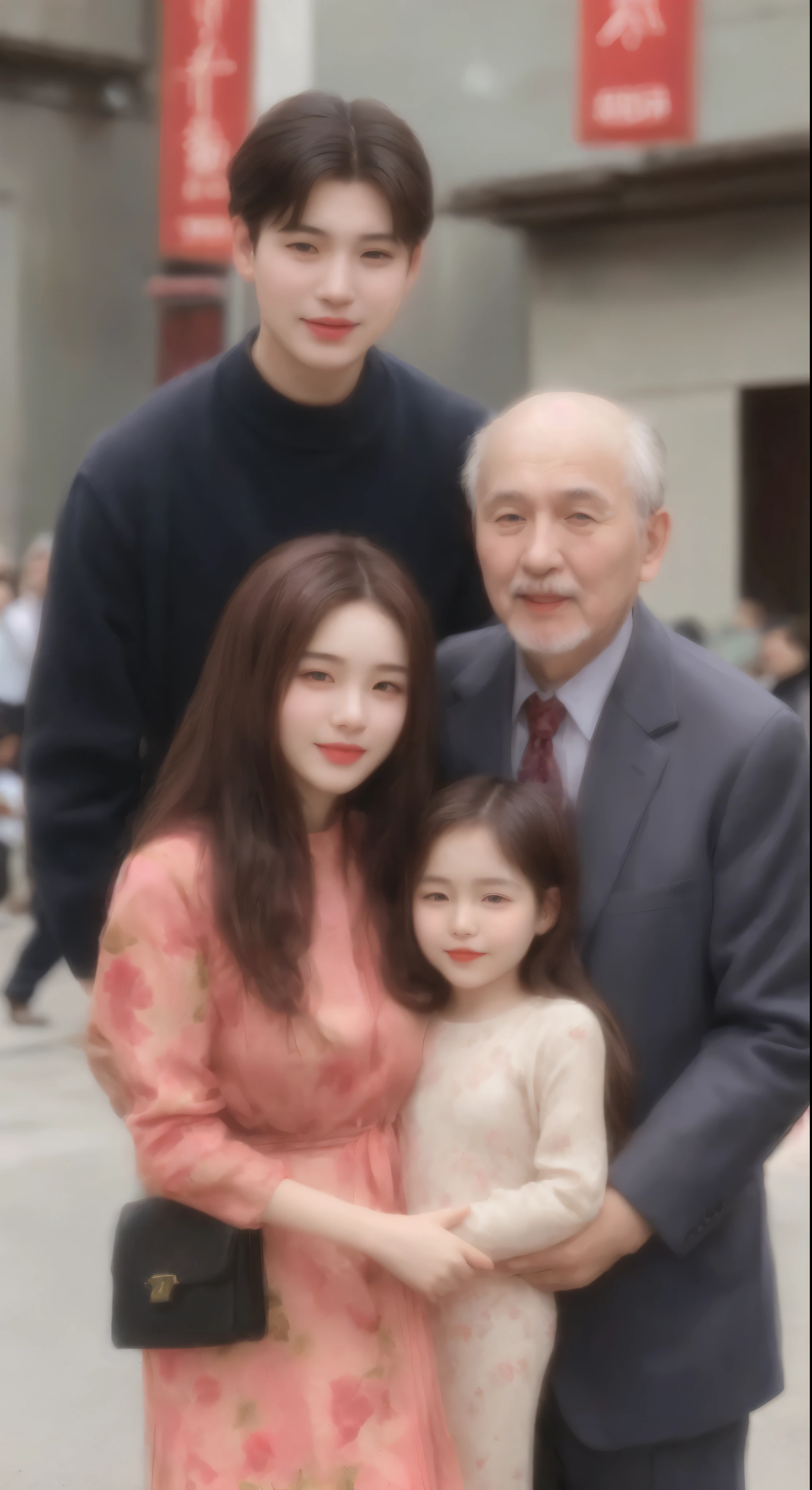 Korean beautiful young girl couple with old man, young girl as wife, Old man as her husband, young girl hug Old man, Young girl wearing Red Hijab flower pattern, young girl red lips, Young girl with old man naked stands in street city building.