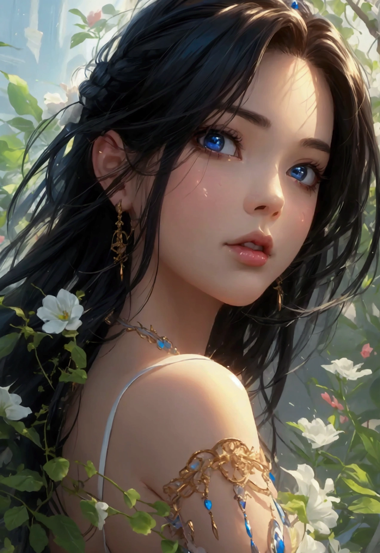 A beautiful girl, hair over the shoulder, clear eyes, smooth hair,full body portrait, comic illustration in the style of Jim Lee --ar 2:3 --v 6.0 designed digital art, trending digital fantasy art,stephen lau and artgerm, as seen on artgerm, artgerm julie bell beeple, stanley artgerm lau, artgerm and ben lo, portrait of , artgerm on artstation pixiv, exquisite and perfect facial features, the most beautiful big eyes, long eyelashes, sweet eyes with lying silkworms, pout, dynamic angle, ultimate picture quality, the highest precision, accurate and perfect human body, necklace, bust, close-up, outdoors, background is flowers and plants, long shot,