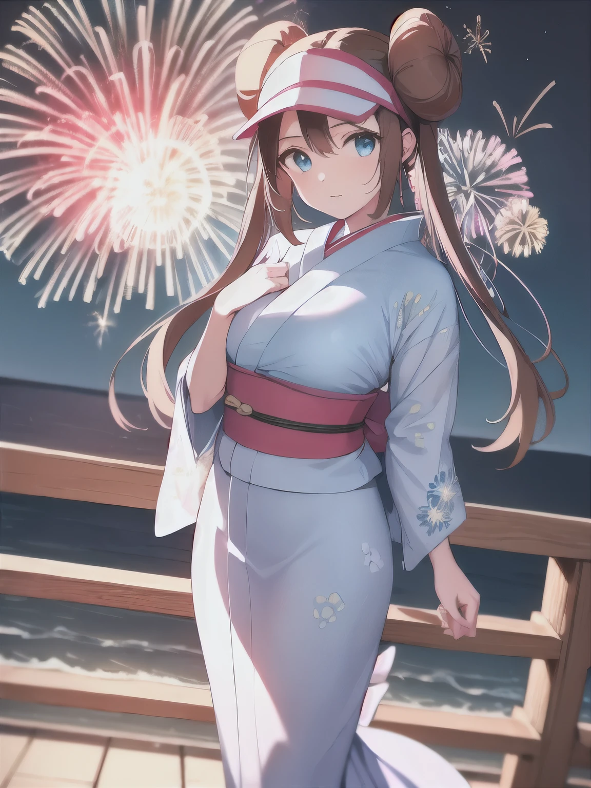 (Highest quality,128k, masterpiece:1.55, photorealistic, hyperrealistic), Ultra detailed face, Detailed lips, Detailed eyes, double eyelid,
BREAK cinematic angle, public indecency, leaning back, ((walking)),
BREAK 1girl, solo, (full breasts, pointy breasts, sagging breasts:1.5), (perspired:1.5),
BREAK rosa, brown hair, double bun, doughnut hair bun, hair bun, blue eyes, hair between eyes, twintails,
BREAK (nipples through:1),
BREAK visor cap, (see-through yukata:1.3), floral printed light blue yukata, wide sleeves, long sleeves,
BREAK at night, outdoors, (aerial fireworks:1.5), Rough Seas, Moonlit Ocean, in the Sandy Beach,