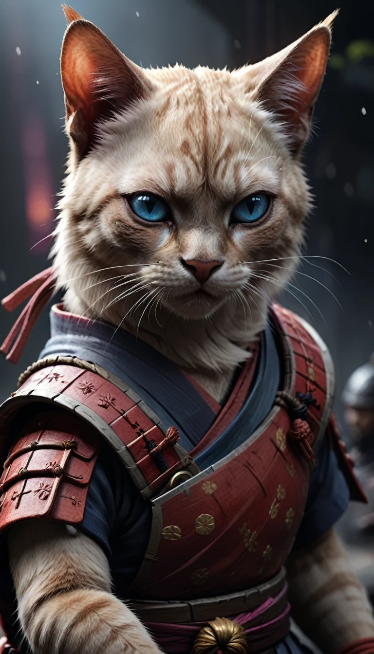 (Close-up Cinematic),Samurai Cat, battlefield, 2D, colorful, Dark atmosphere,Siamese cat