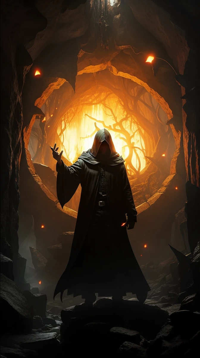 Devil in hood, horror cave type background, a man is standing in front of devil