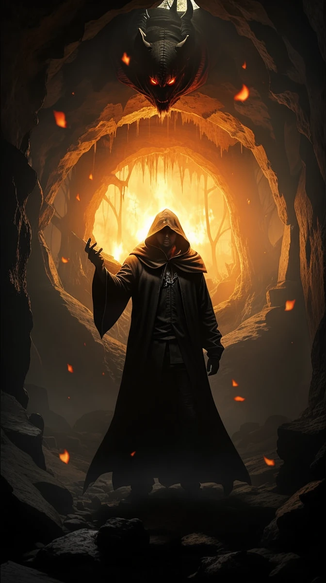 Devil in hood, horror cave type background, a man is standing in front of devil