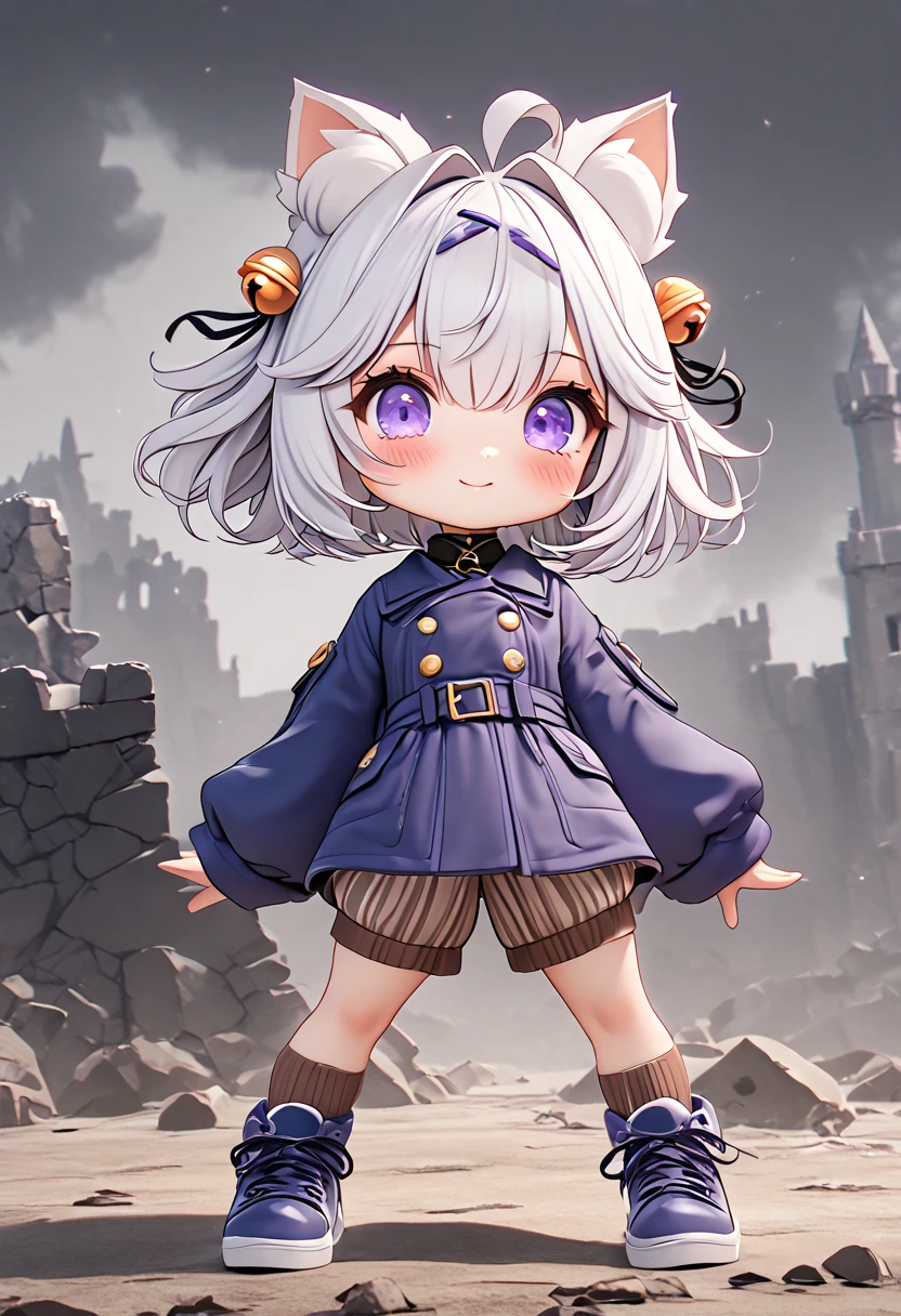 master piece, best quality, ultra-detailed, illustration, 1girl, solo, chibi, (big head), cute pose, front view, looking at viewer, ((full body Close up)), Filiansailor, (purple hairclip:1.4), (hair bell:1.5), white hair, short hair, cat ears, ahoge, purple eyes, blush, smiling, fluffy tail, ((blue peacoat)), long sleeves, brown striped shorts, brown knee socks, blue shoes, battlefield background, gloomy atmosphere, broken castle, broken walls, broken windows