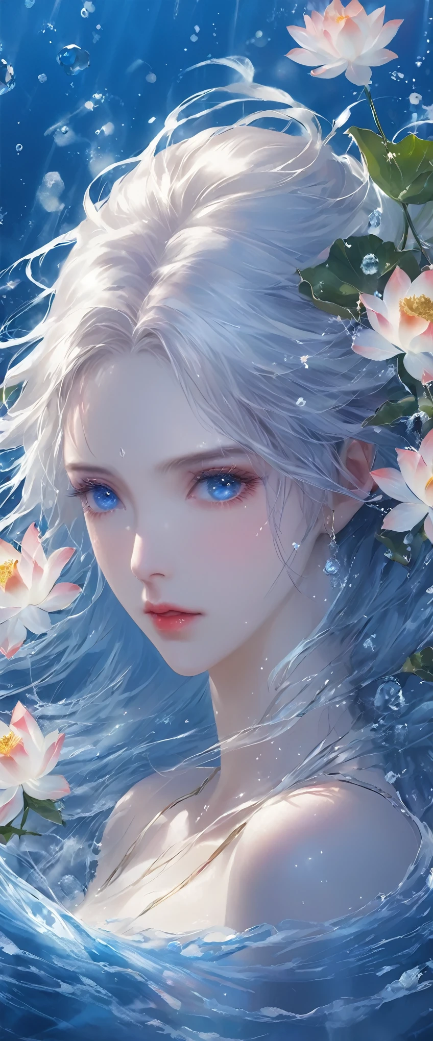 Seven part photos, masterpiece, best quality, Official Art, Extremely detailed CG 8k wallpaper,(Flying petals)(Detailed ice) , water晶质感皮肤, Cold expression, White hair, Long hair, Messy hair, blue eyes, Looking at the audience, Extremely refined, water, ((Beautiful and delicate eyes)), Very detailed, light,((Pretty Face),fine water surface, (Original figure painting), Very detailedSeven part photos, masterpiece, best quality, Official Art, Extremely detailed CG 8k wallpaper,(Flying petals)(Detailed ice) , water晶质感皮肤, Cold expression, White hair, Long hair, Messy hair, blue eyes, Looking at the audience, Extremely refined, water, ((Beautiful and delicate eyes)), Very detailed, light,((Pretty Face),fine water surface, (Original figure painting), Very detailed, Very detailed, (Extremely refined), Beautiful and delicate eyes,