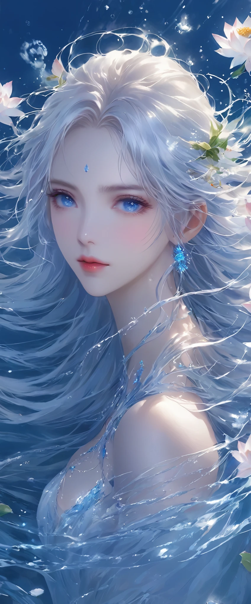 Seven part photos, masterpiece, best quality, Official Art, Extremely detailed CG 8k wallpaper,(Flying petals)(Detailed ice) , water晶质感皮肤, Cold expression, White hair, Long hair, Messy hair, blue eyes, Looking at the audience, Extremely refined, water, ((Beautiful and delicate eyes)), Very detailed, light,((Pretty Face),fine water surface, (Original figure painting), Very detailedSeven part photos, masterpiece, best quality, Official Art, Extremely detailed CG 8k wallpaper,(Flying petals)(Detailed ice) , water晶质感皮肤, Cold expression, White hair, Long hair, Messy hair, blue eyes, Looking at the audience, Extremely refined, water, ((Beautiful and delicate eyes)), Very detailed, light,((Pretty Face),fine water surface, (Original figure painting), Very detailed, Very detailed, (Extremely refined), Beautiful and delicate eyes,