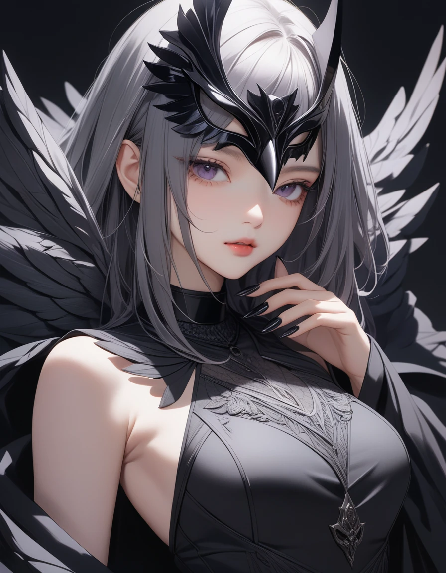 1girl, black choker, black costume, purple and gray details, raven details, long nails, raven mask, simple background, solo, white background, looking at the viewer, (masterpiece), (best quality), (ultra-detailed) ), very aesthetic, illustration, perfect composition, intricate details, mysterious, fantasy,