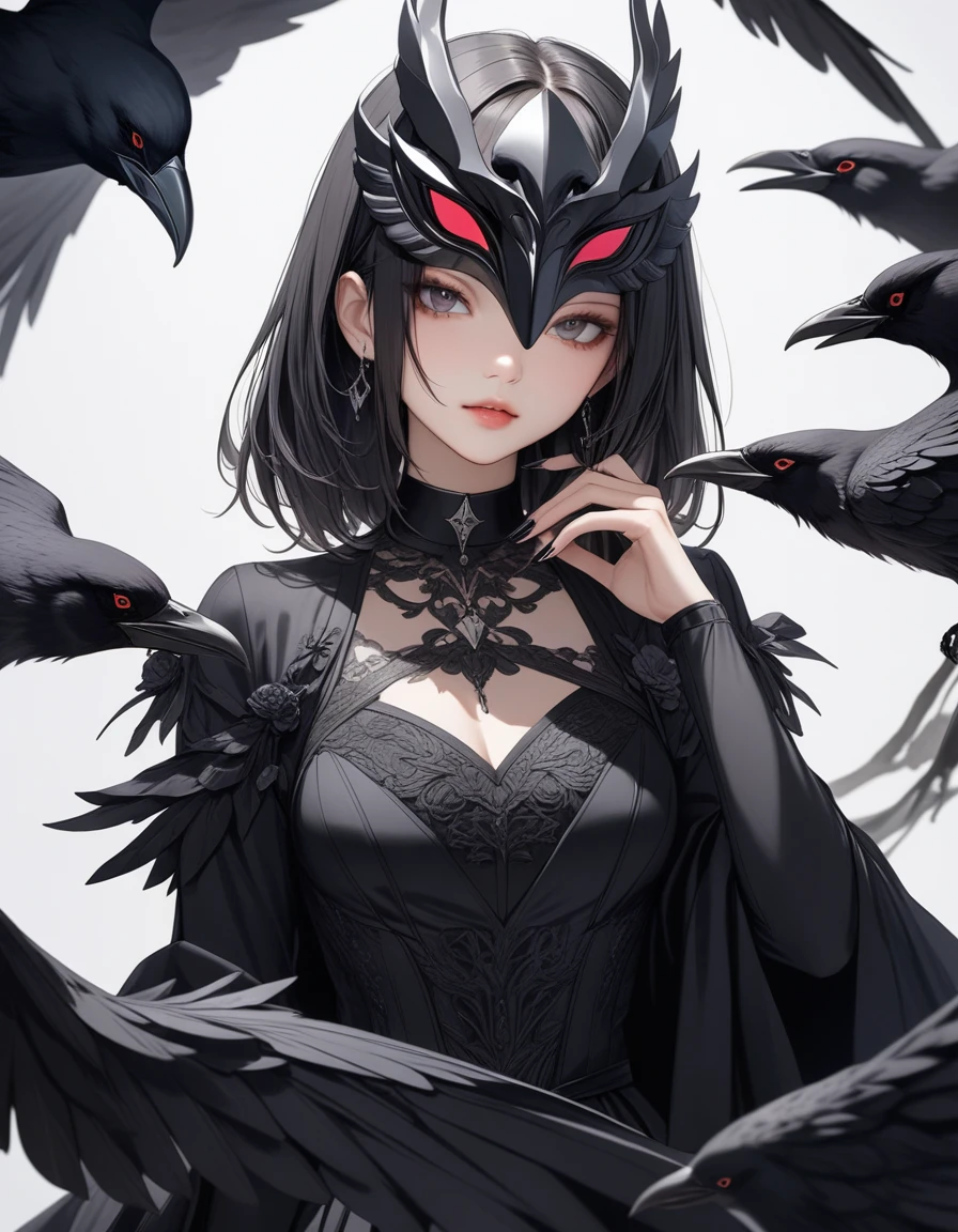 1girl, black choker, black costume, purple and gray details, raven details, long nails, raven mask, simple background, solo, white background, looking at the viewer, (masterpiece), (best quality), (ultra-detailed) ), very aesthetic, illustration, perfect composition, intricate details, mysterious, fantasy,