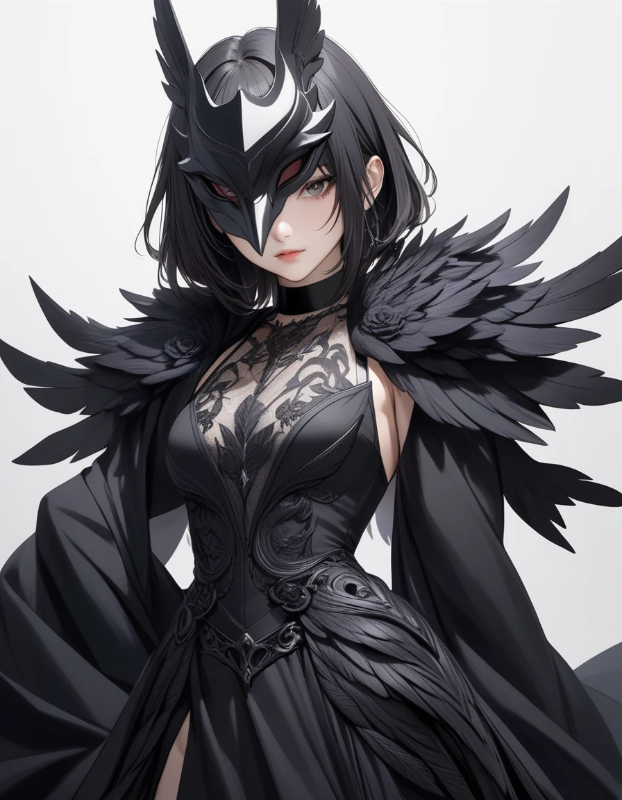 1girl, black choker, black costume, purple and gray details, raven details, long nails, raven mask, simple background, solo, white background, looking at the viewer, (masterpiece), (best quality), (ultra-detailed) ), very aesthetic, illustration, perfect composition, intricate details, mysterious, fantasy,