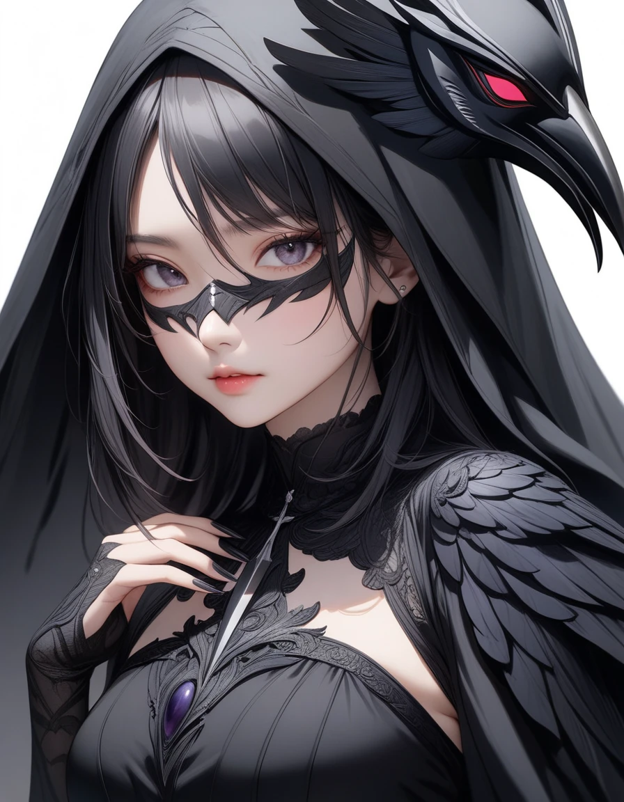 1girl, black choker, black costume, purple and gray details, raven details, long nails, raven mask, simple background, solo, white background, looking at the viewer, (masterpiece), (best quality), (ultra-detailed) ), very aesthetic, illustration, perfect composition, intricate details, mysterious, fantasy,