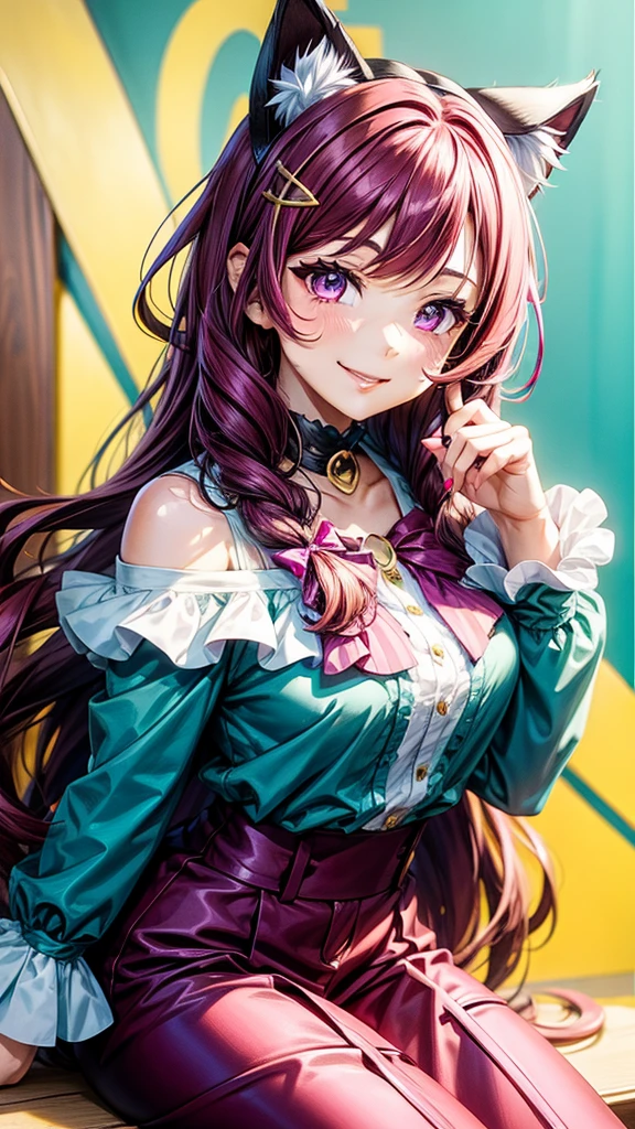 Magenta hair, brown eyes, older woman, hair bows, cat ears, long hair, smiling face, teal and gold outfit, pretty background