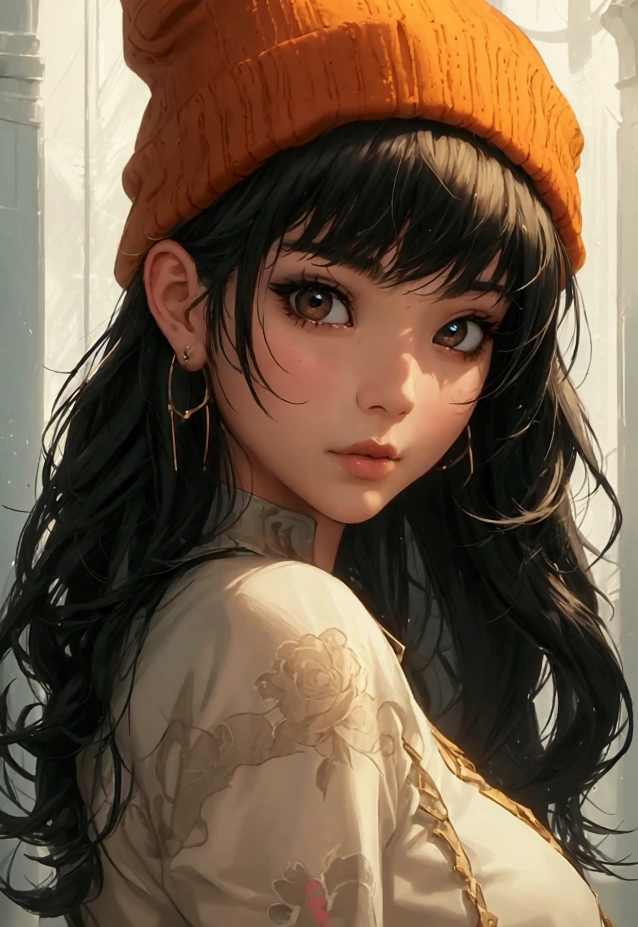 1girl, solo, long hair, black hair, written clothes, brown eyes, looking at the viewer, beanie, lips, upper body, closed mouth, shirt, earrings, https://i.postimg.cc/tCDfNDvp/Screenshot-20230606-212445.png, full body portrait, comic illustration in the style of Jim Lee --ar 2:3 --v 6.0 designed digital art, trending digital fantasy art,stephen lau and artgerm, as seen on artgerm, artgerm julie bell beeple, stanley artgerm lau, artgerm and ben lo, portrait of , artgerm on artstation pixiv
