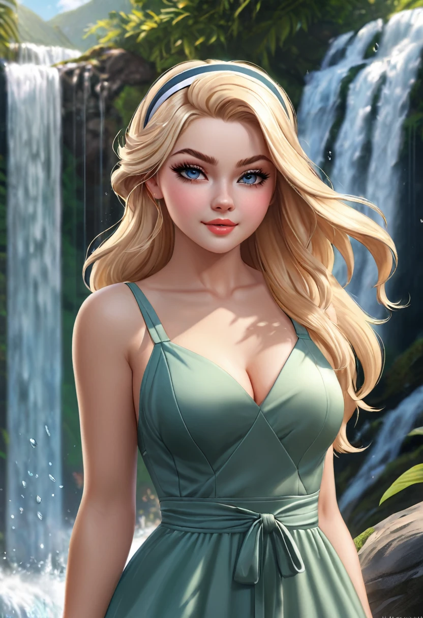 Thirst trap beautiful women. green sun dress, clean girl aesthetic. Her hair iblonde super strait and sleek, White hairband. official art is an award-winning digital masterpiece in 4K Ultra HD, featuring extreme detail and intricate realism. It combines the artistry of Wlop and Artgerm in a stunning 2D vector illustration. The background is a tranquil waterfall. Masiela Lusha
