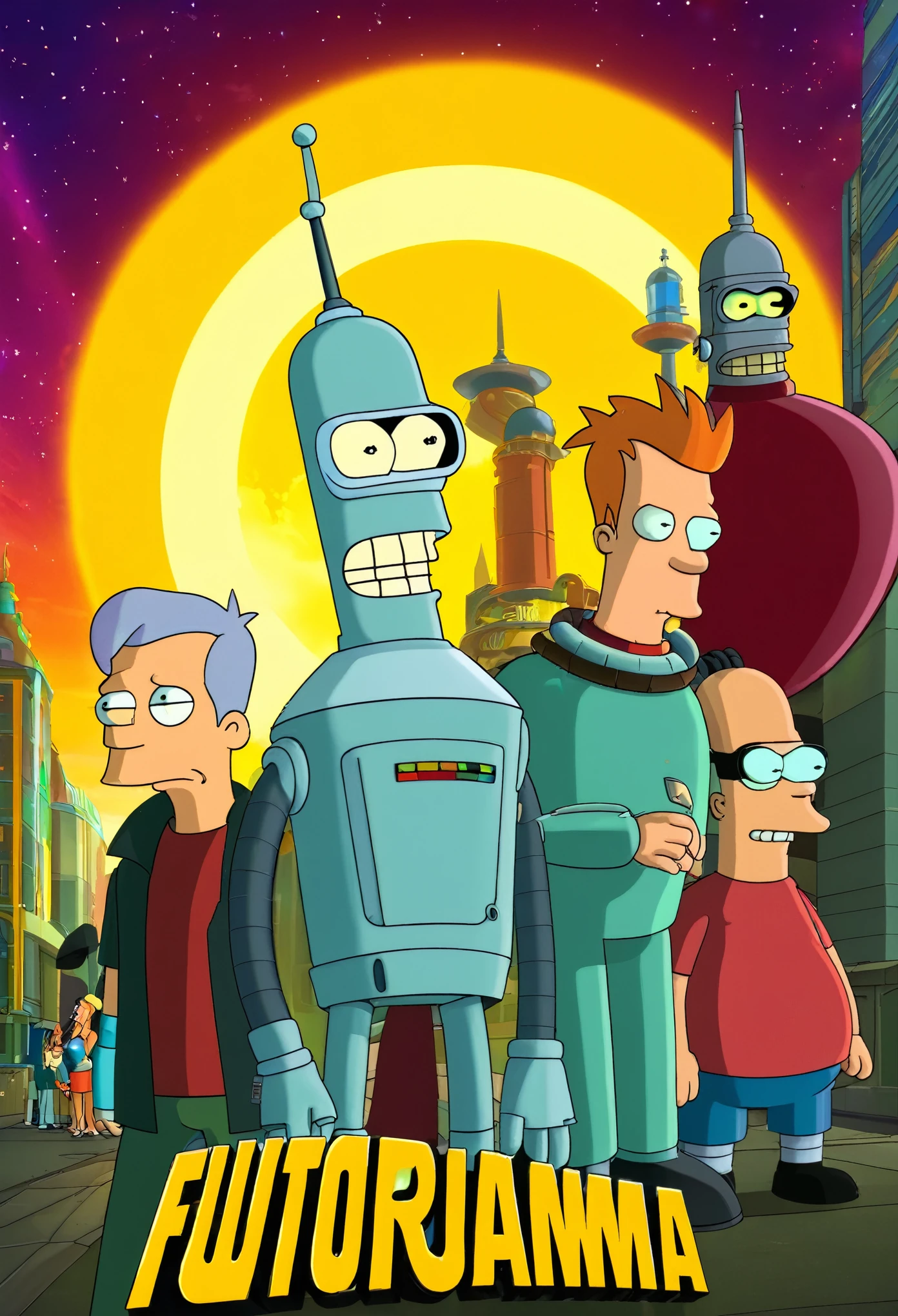 ((герои мультфильма  Futurama, group portrait,poster)) in the city against the backdrop of the sun, (Futurama), Advertising art, мультфильм 90-х, fry, 2 0 0 0 s cartoon, , Animated series, Анимационный Animated series, Мультфильм из 90-х,catoon 90x style