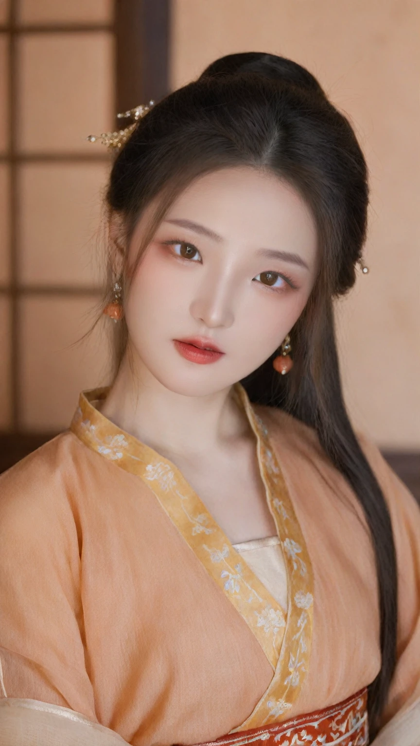 asian women,20 years old,sharp focus,Perfect eyes,high quality,prefect face,looking at viewer,perfect studio lighting,warm color palette,(natural skin texture:1.2),light makeup,standing pose,Chinese clothes,traditional,hanfu,dress,