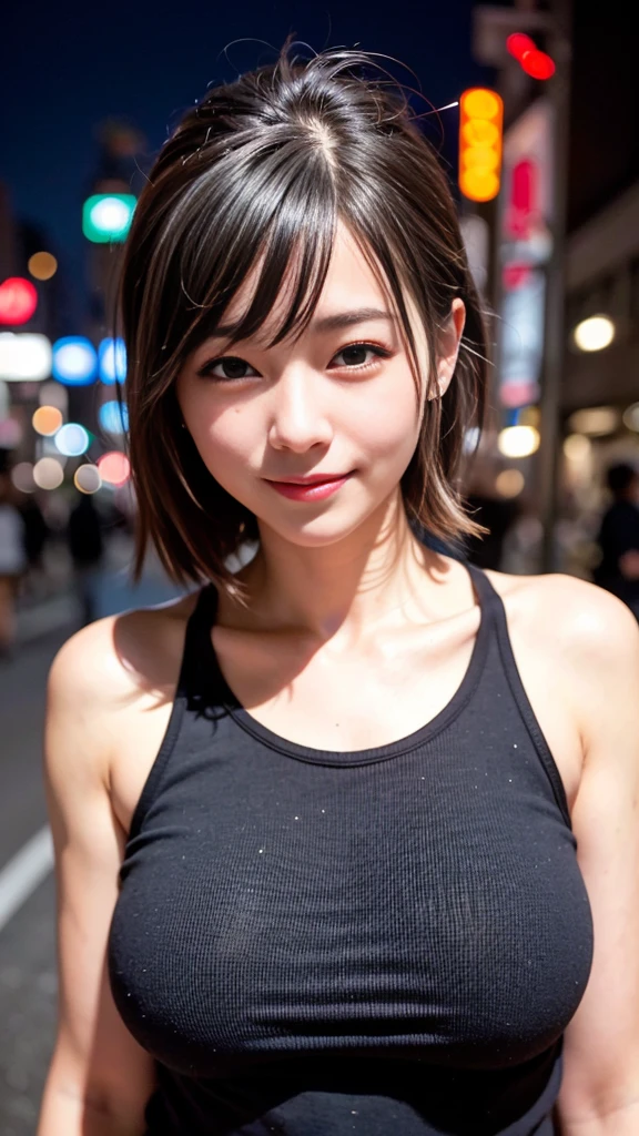 1 girl, Tokyo Street,night, Streetscape,City lights,Upper Body,close,smile,, (8k, RAW Photos, Highest quality, masterpiece:1.2),(Realistic, photo-Realistic:1.37),