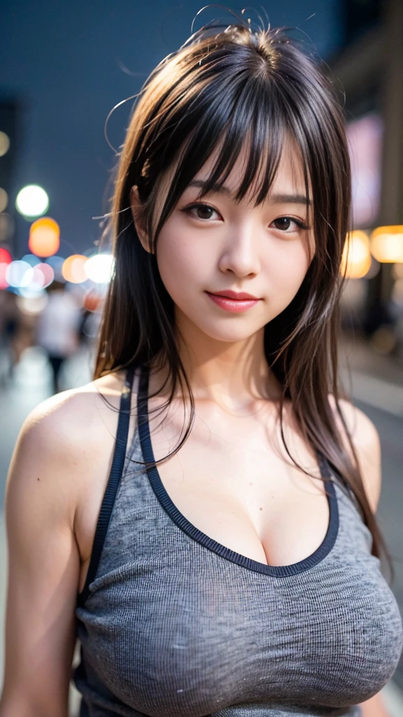 1 girl, Tokyo Street,night, Streetscape,City lights,Upper Body,close,smile,, (8k, RAW Photos, Highest quality, masterpiece:1.2),(Realistic, photo-Realistic:1.37),