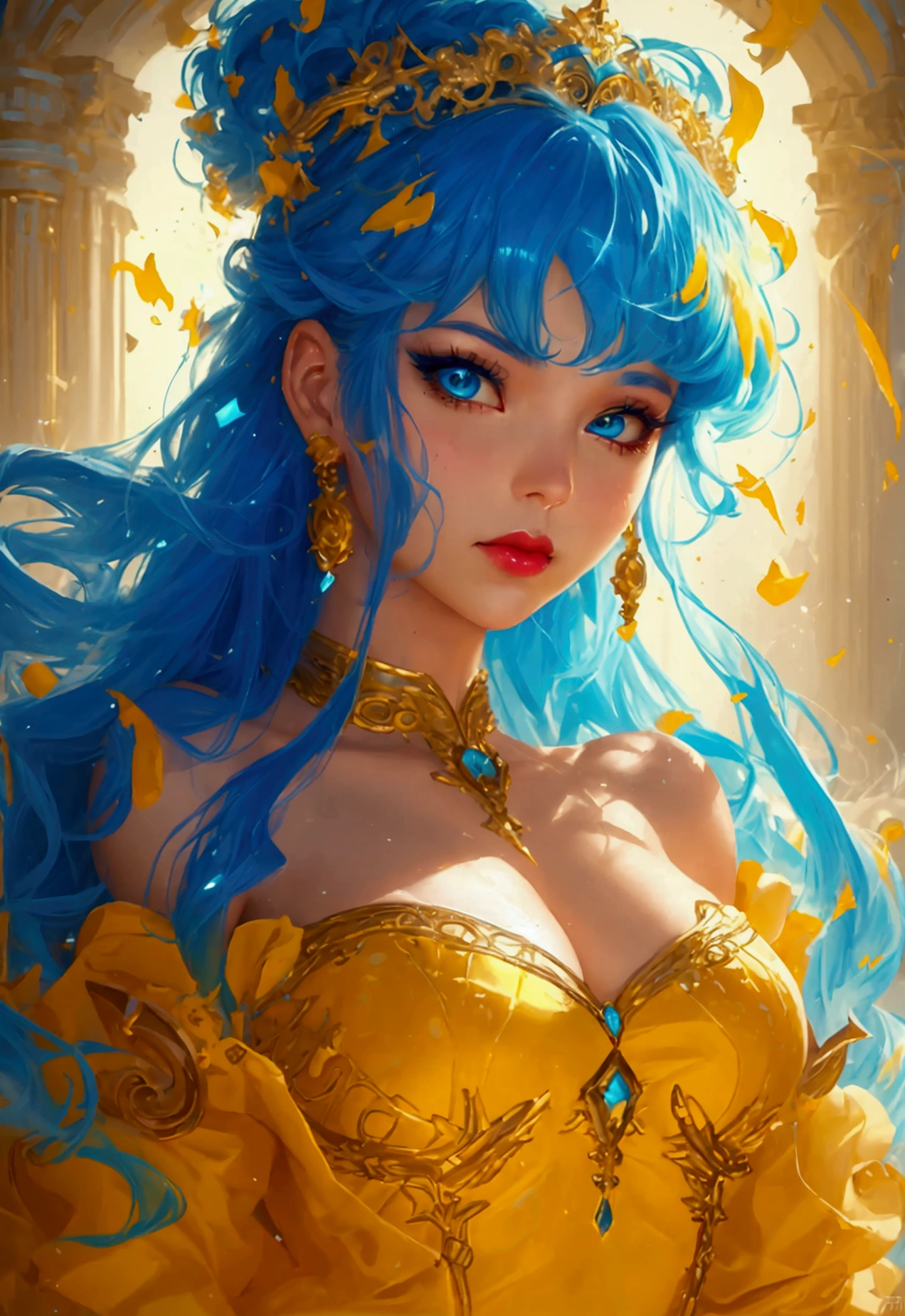 Light blue hair, turquoise eyes, long eyelashes, big red lips, apricot eyes, beauty, girly, curly hair, princess, wearing Yellow dress, yellow glitter ✨, full body portrait, comic illustration in the style of Jim Lee --ar 2:3 --v 6.0 designed digital art, trending digital fantasy art,stephen lau and artgerm, as seen on artgerm, artgerm julie bell beeple, stanley artgerm lau, artgerm and ben lo, portrait of , artgerm on artstation pixiv