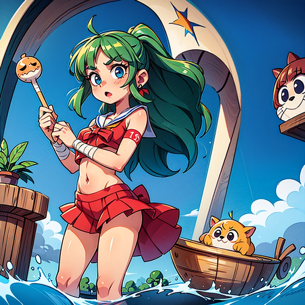  1 girl, a sailor, beautiful, full length, beautiful green hair, bandage on 1 eye, an outfit in the style of Poliwag, Pirate, ship