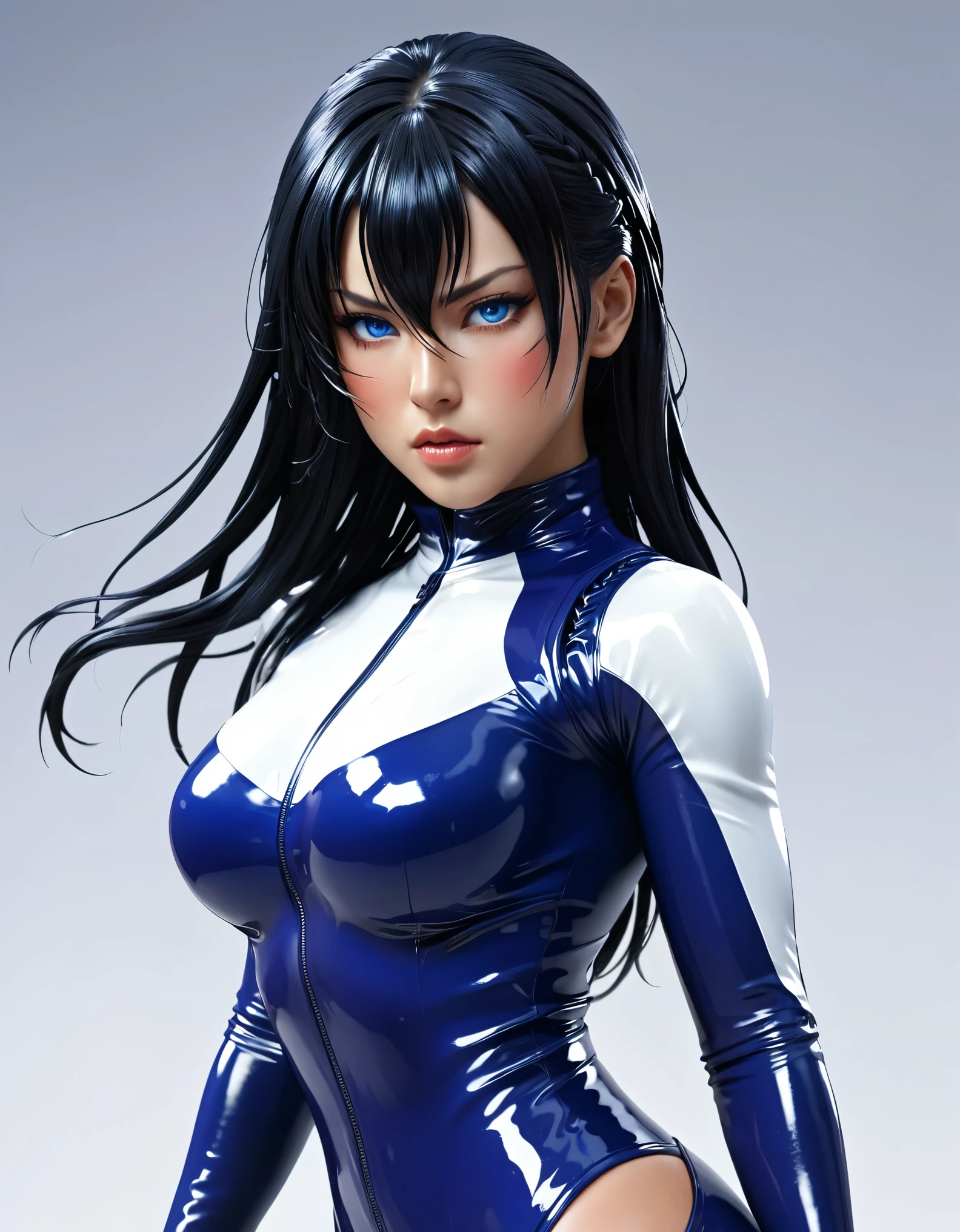 Digital illustration of a female Major Motoko Kusanagi White character with muscular build, wearing a tight latex jumpsuit. She has long black hair with two braids and latex gloves. His facial expression is serious, with blue eyes and a determined look. The character's skin is light and she has red latex paint on her legs. The illustration is highly detailed, focusing on the character's strong physique and intense expression. anime, anatomically correct, super detail, high quality, 4K