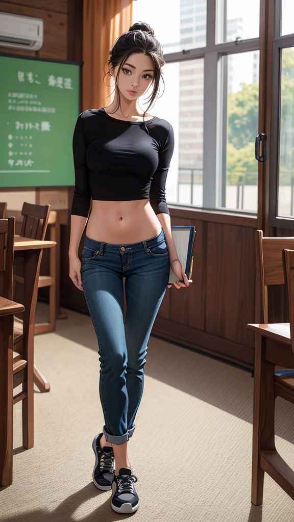 (best quality, Masterpiece, Realistic photos, very detailed, Ultra high resolution, raw:1.3), 1 woman, beautiful, Japan, in university, A young university girl wears a green button-up crop top, Blue Jeans, showing navel, College Student, navel, ((realistic navel shape)) (canvas shoes, ขาbeautiful, full body), Lecture room, ((holding a book)), walking, fat