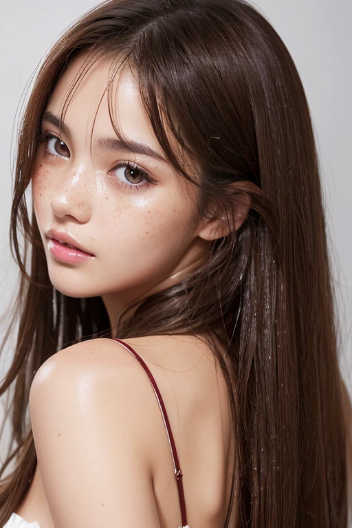 1girl, solo, long_hair, looking_at_viewer, brown_hair, photoshop_(medium), original, brown_eyes, parted_lips, mole, blurry, lips, wet, freckles, photo_(medium)