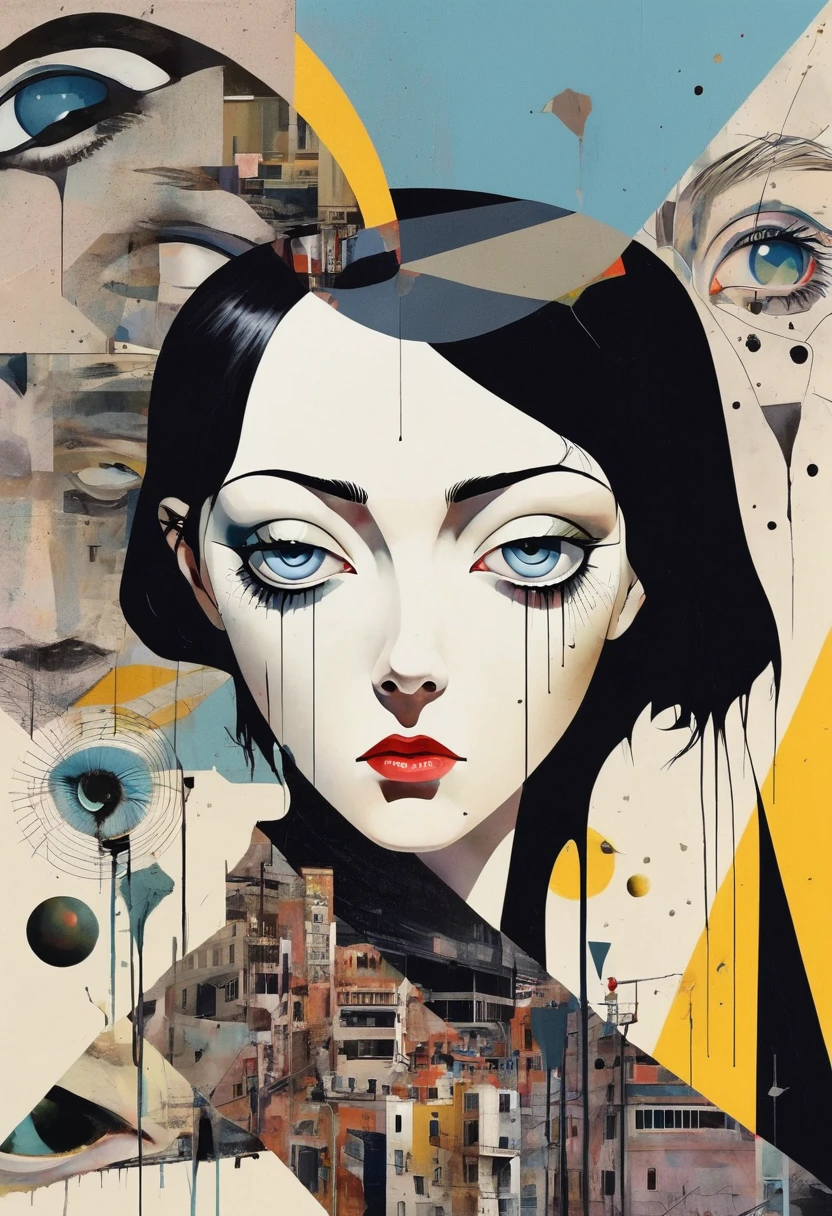 Aeon Flux themed, Surreal and strange dislocation art：Collage, There are many different things on the faces, somber colors, Geometric Dislocation, Hollow, Artistic sense, Painting, paint, Simple, effect, Collage, Conceptual art, Dadaism,
